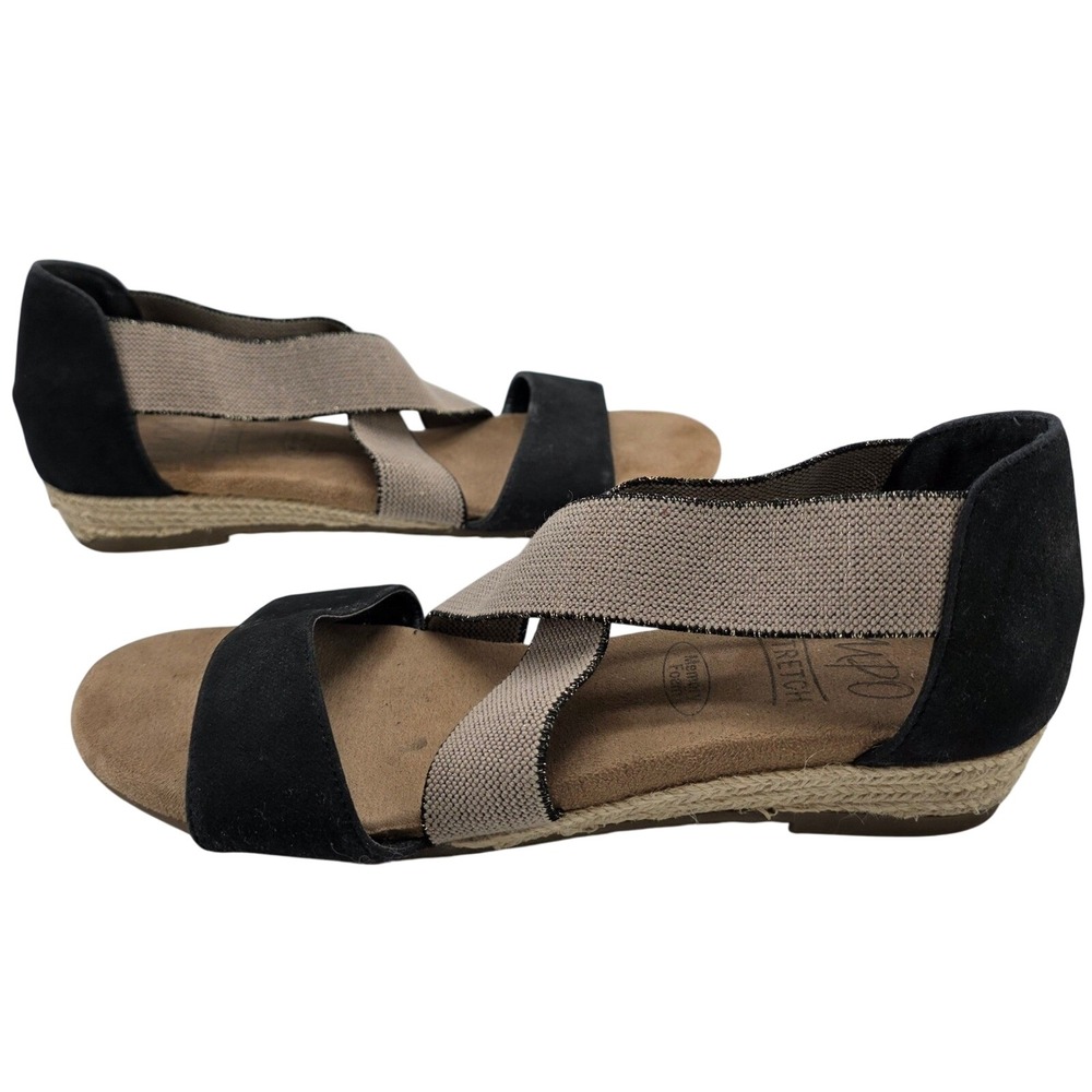 Impo Roley Wedge Sandals Espadrille Strappy Stretch Black Taupe Memory Foam 6.5M